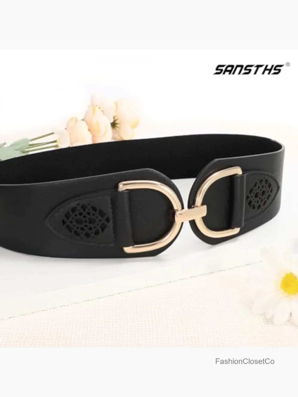 Vintage Stretchy Wide Belt Chunky Buckle Elastic Waist Belts Dresses Coats